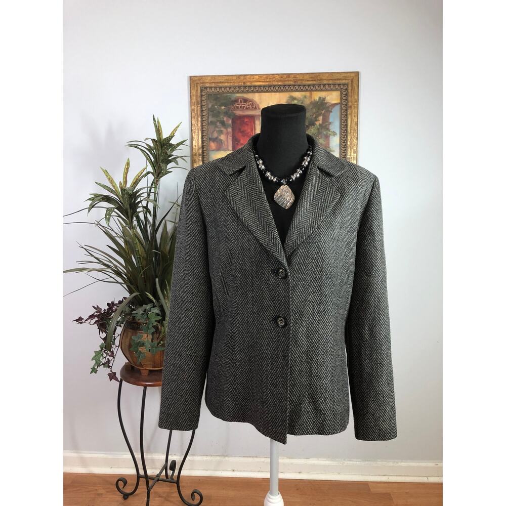 Larry Levine Blazer Womens Size 10 Gray Black Herringbone Lined Career Jacket